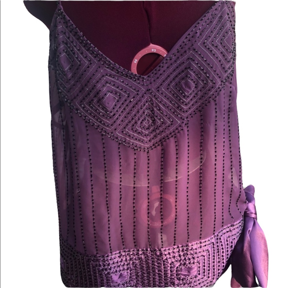NWT Danier Vintage sheer Beaded Shell Blouse Purple sash